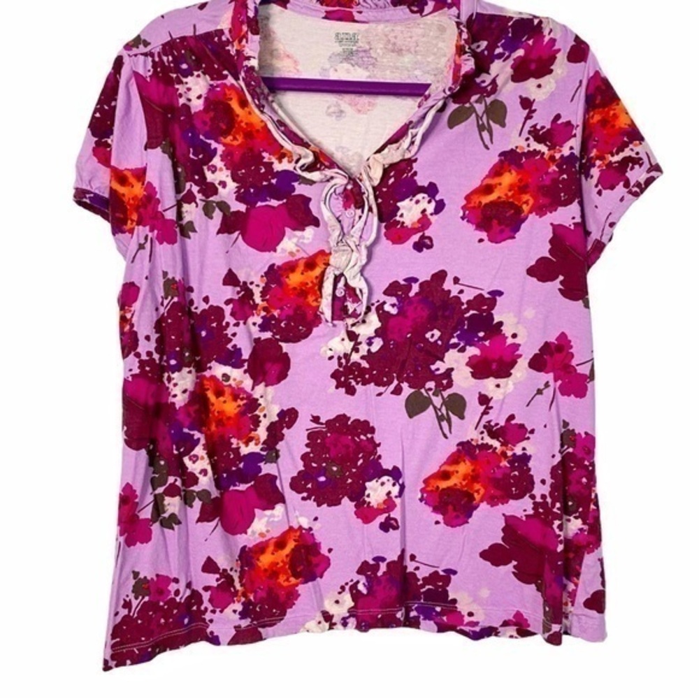 A.N.A. Purple Floral Short Sleeve Top with Ruffles - Picture 1 of 7